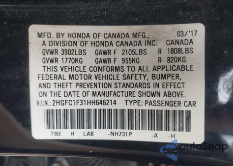 2017 Honda Civic Ex-T from USA, damaged, VIN 2HGFC1F31HH646214